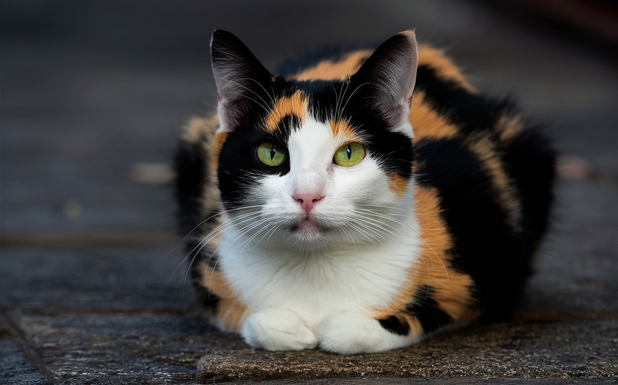 Calico cat with white fur and black and brown fur on face sitting on couch